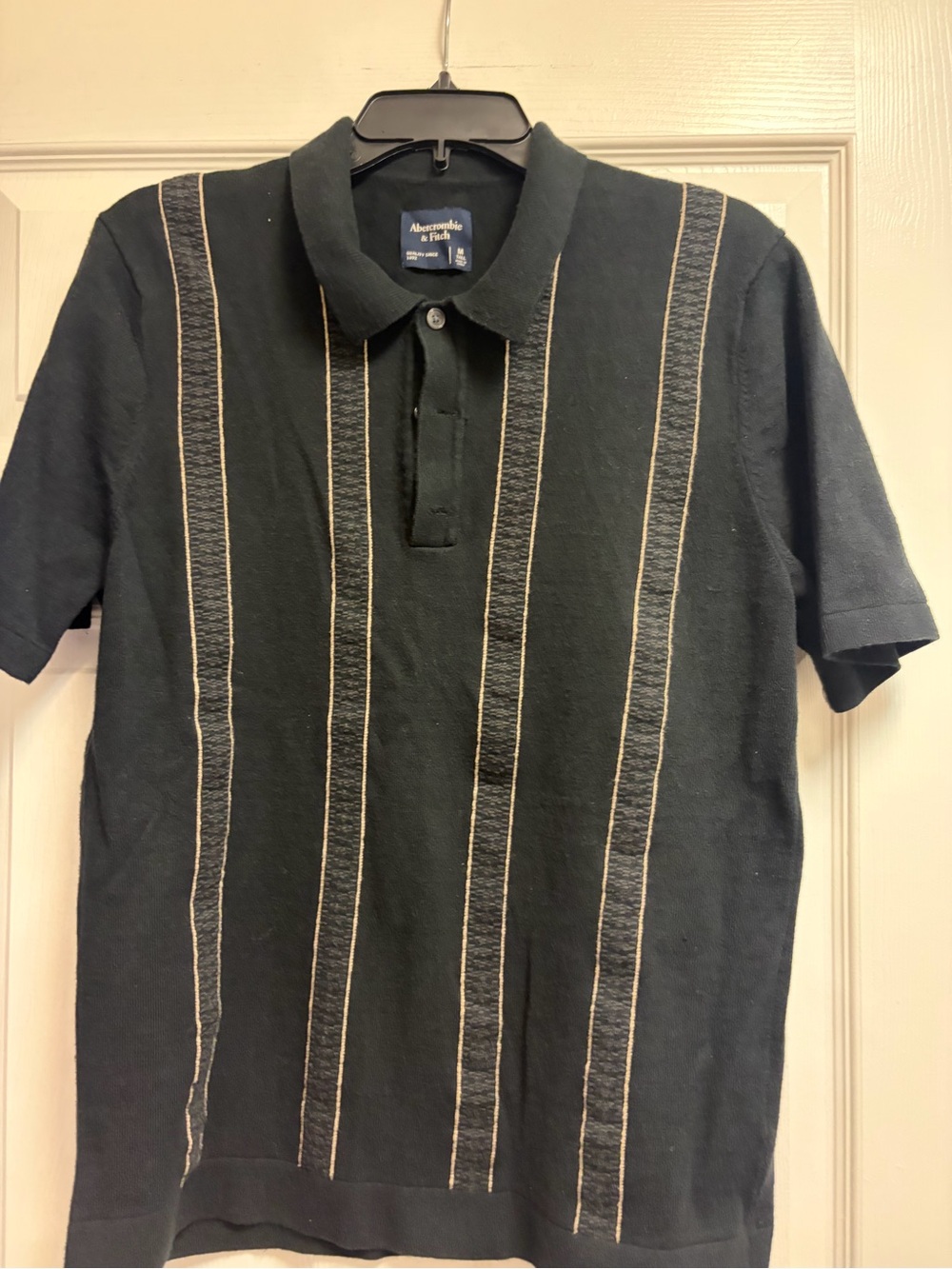 Abercrombie & Fitch Men's Black Polo with Cream Vertical Stripes